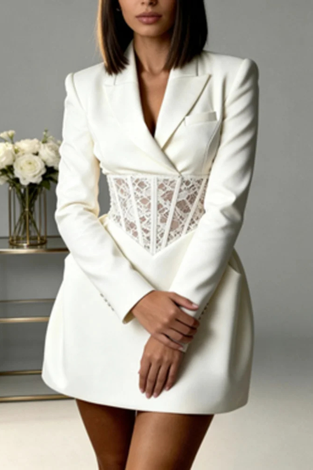 Clover | Women V Neck Long Sleeve Lace Corset Waist Blazer Mini Dress