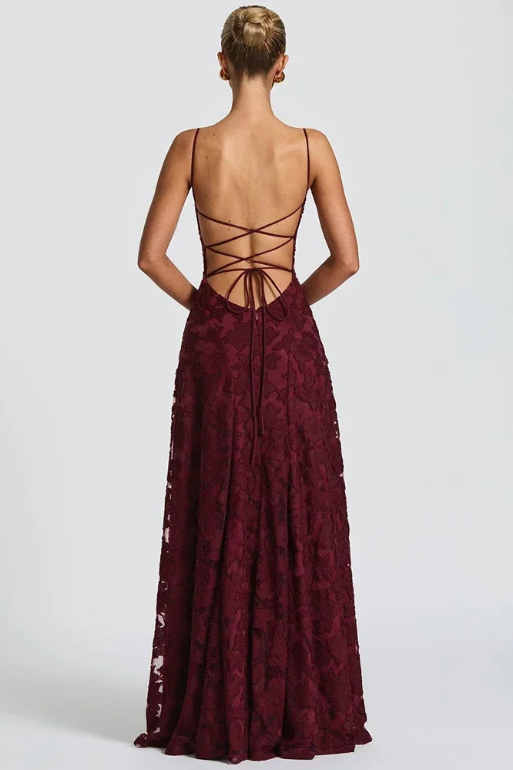 Rose | Women Spaghetti Strap Lace Up Backless Floral Jacquard Formal Maxi Dress