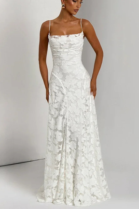 Rose | Women Spaghetti Strap Lace Up Backless Floral Jacquard Formal Maxi Dress