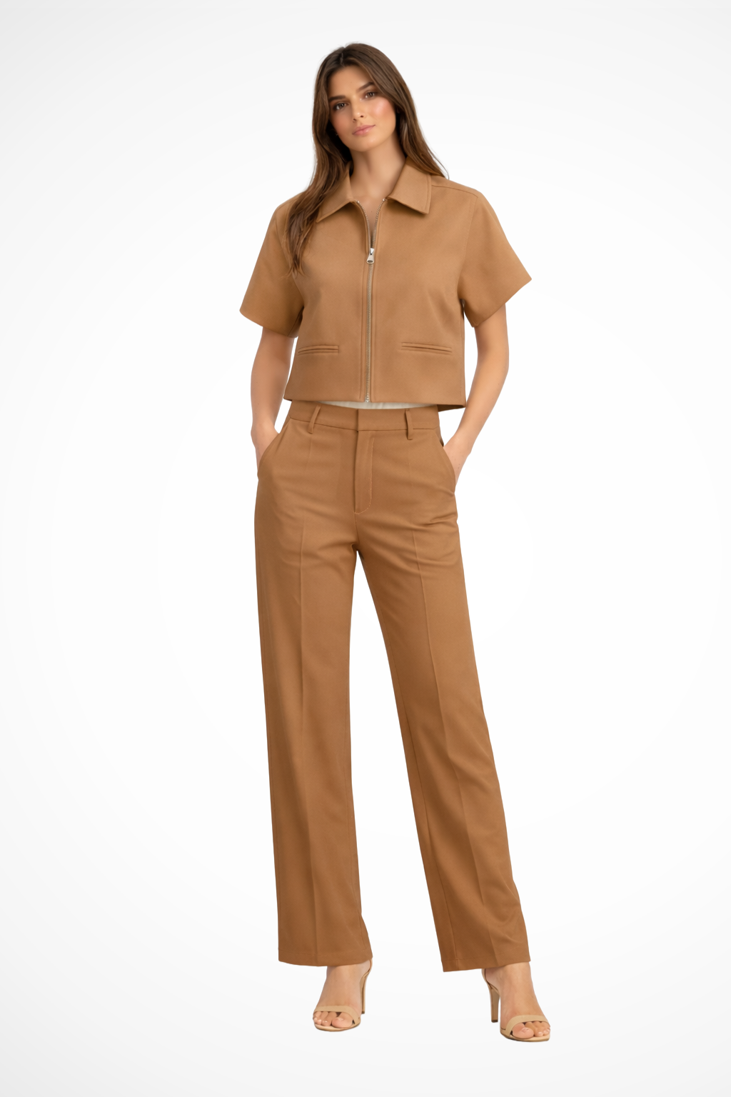 Elvona | Women Short Sleeve Zip Front Two Piece Set with Wide Leg Trousers