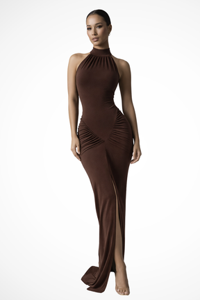 Ravelle | Women Halter Neck Sleeveless Ruched Slit Baby Shower Maxi Dress