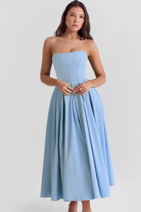 Everly | Women Strapless Corset Midi Dress with Flared Skirt