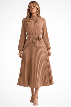 Harriet | Women’s Long Sleeve Pleated Midi Dress with Belt
