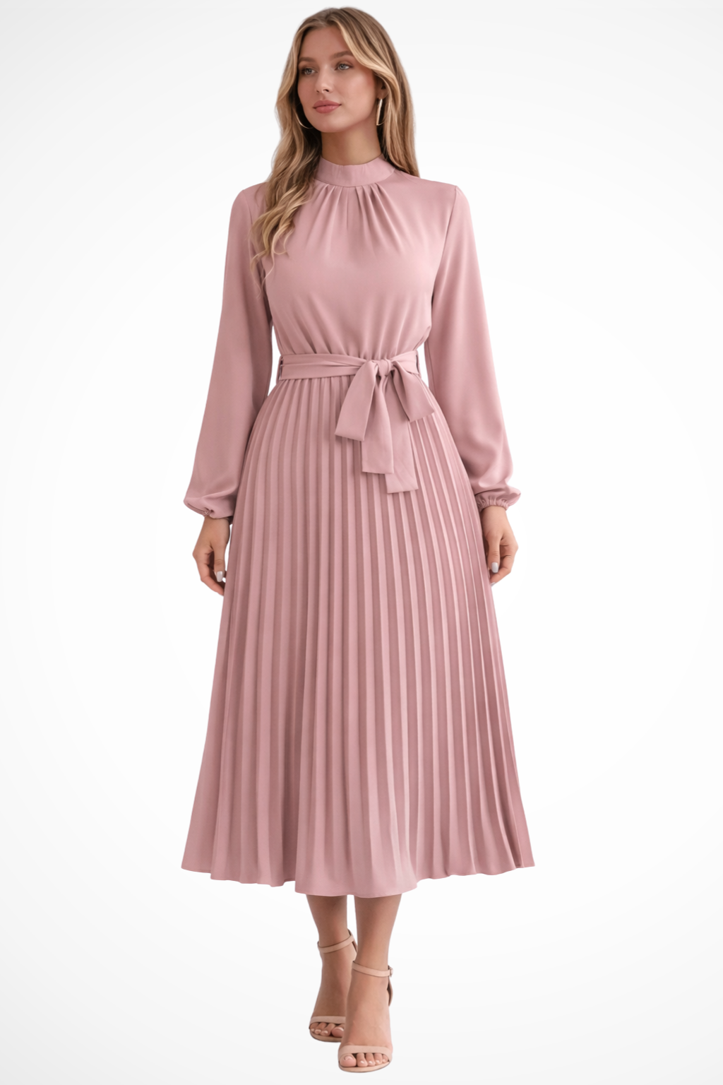 Harriet | Women’s Long Sleeve Pleated Midi Dress with Belt