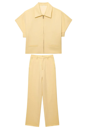 Elvona | Women Short Sleeve Zip Front Two Piece Set with Wide Leg Trousers