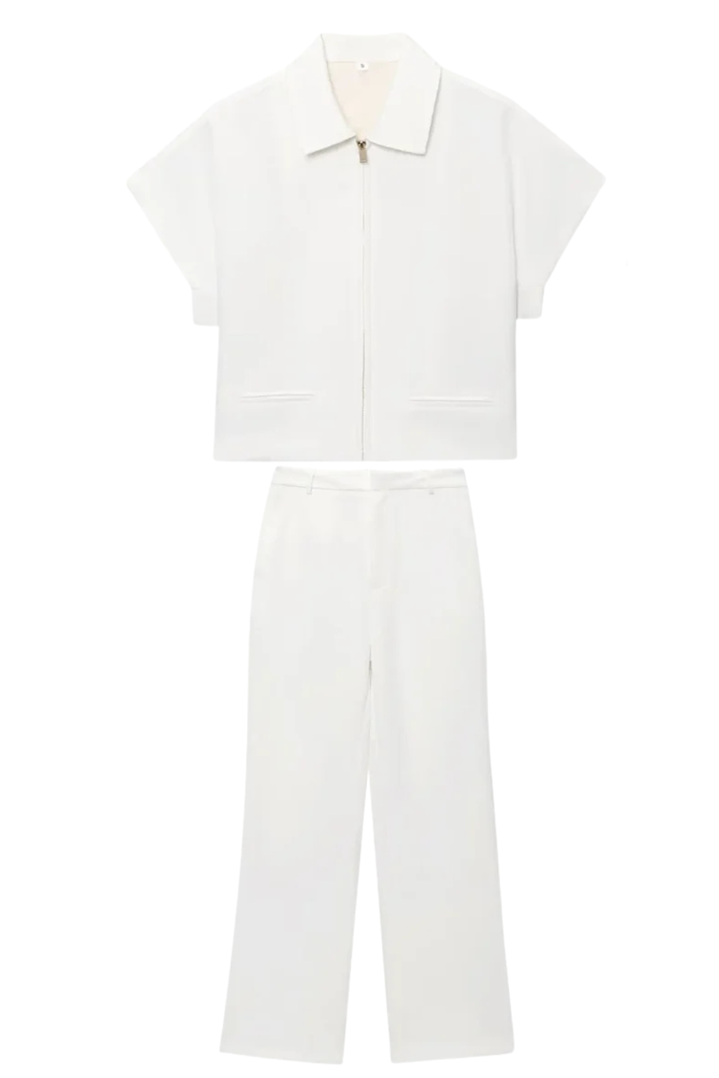 Elvona | Women Short Sleeve Zip Front Two Piece Set with Wide Leg Trousers