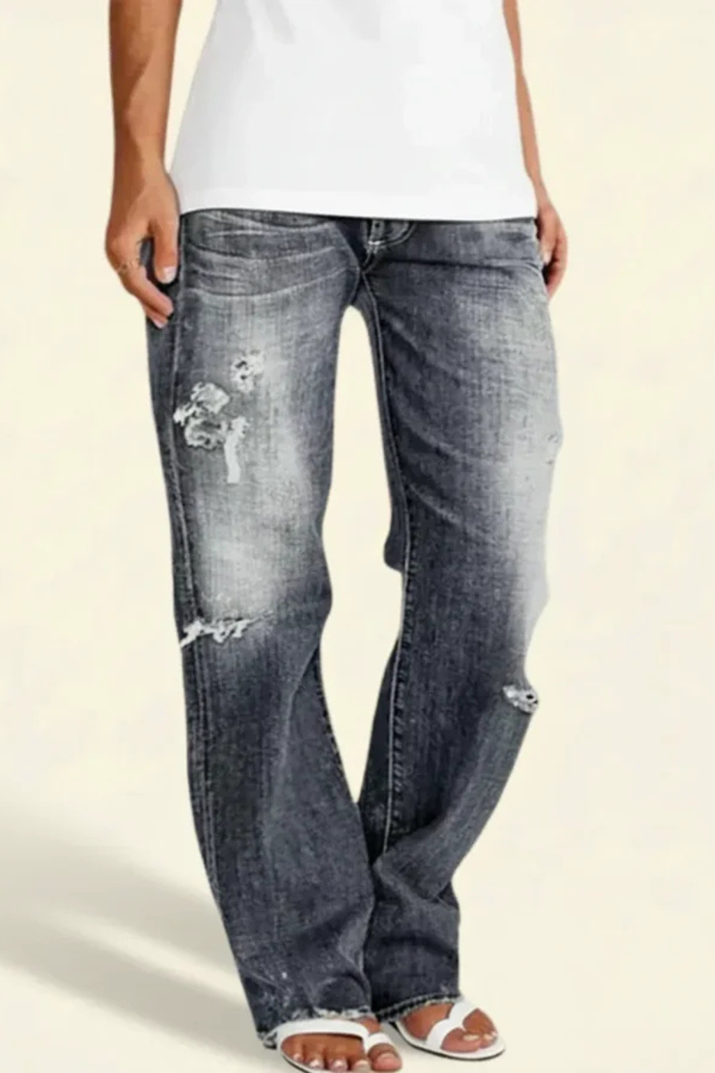 Paige | Women Distressed Mid Rise Straight Leg Jeans