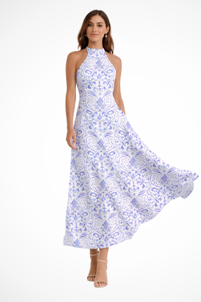 Aurelin | Women Sleeveless A Line Maxi Dress with Halter Neck