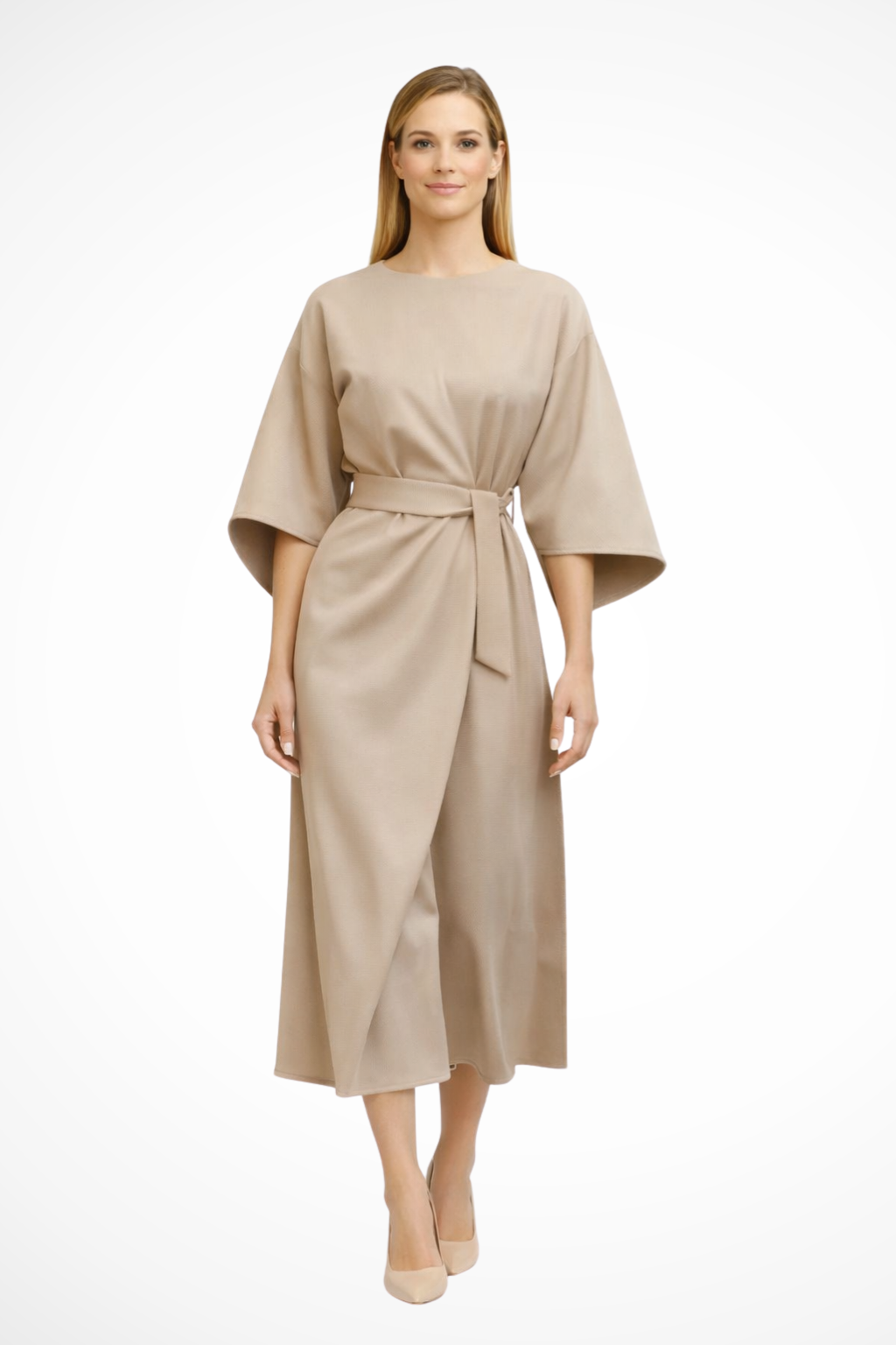 Valeria | Women’s Belted Lantern Sleeve Midi Dress
