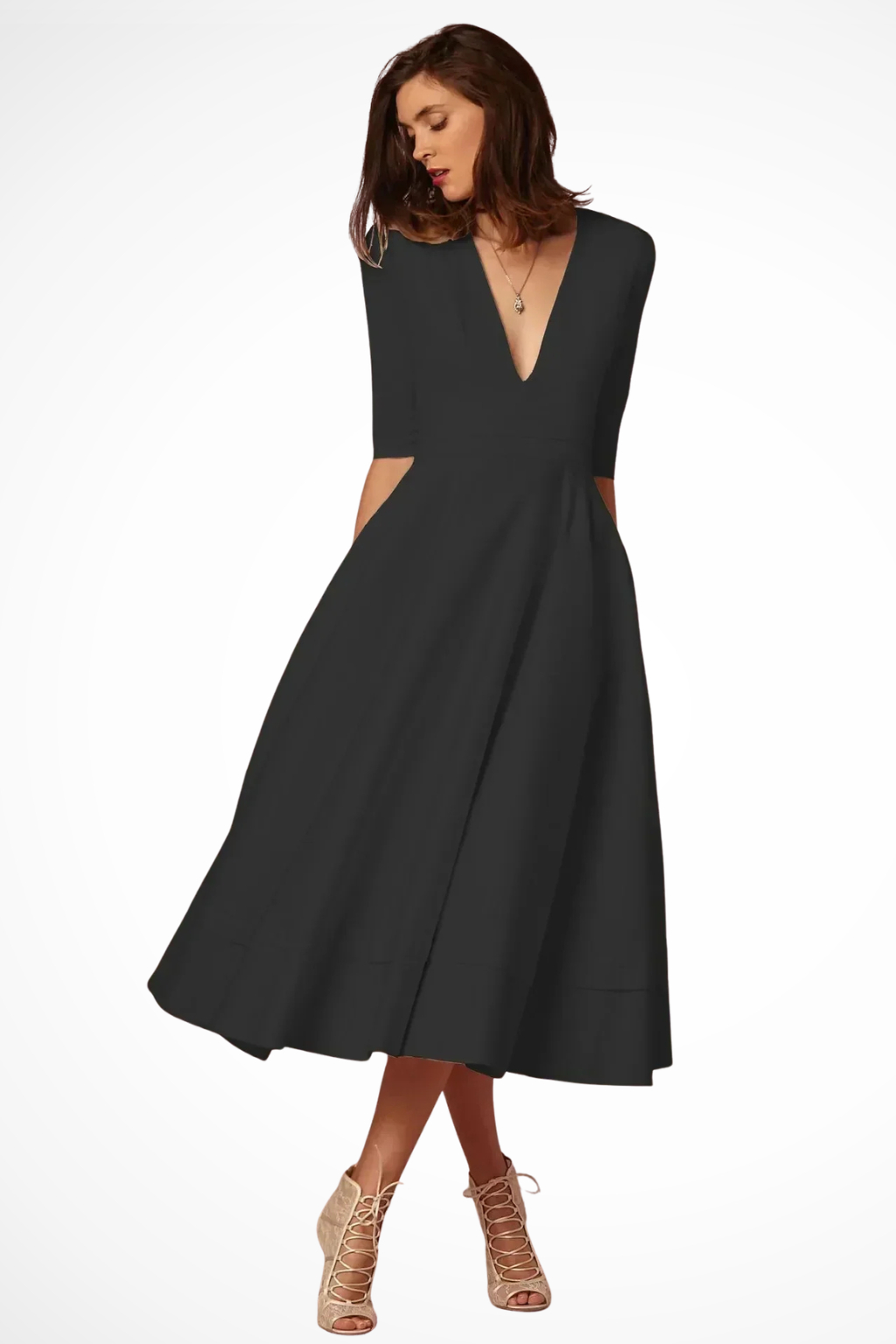 Roselle | Women Deep V Neck Half Sleeve Fitted Flared Midi Dress