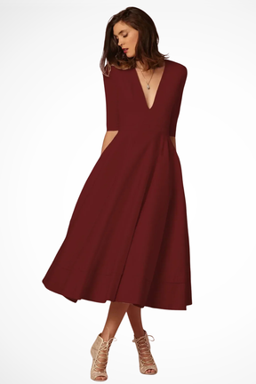 Roselle | Women Deep V Neck Half Sleeve Fitted Flared Midi Dress