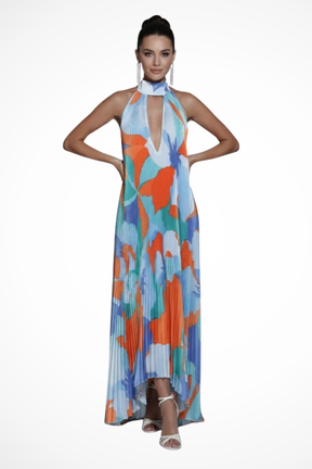 Cordelia | Women Printed Pleated Halter Neck Wedding Guest Maxi Dress