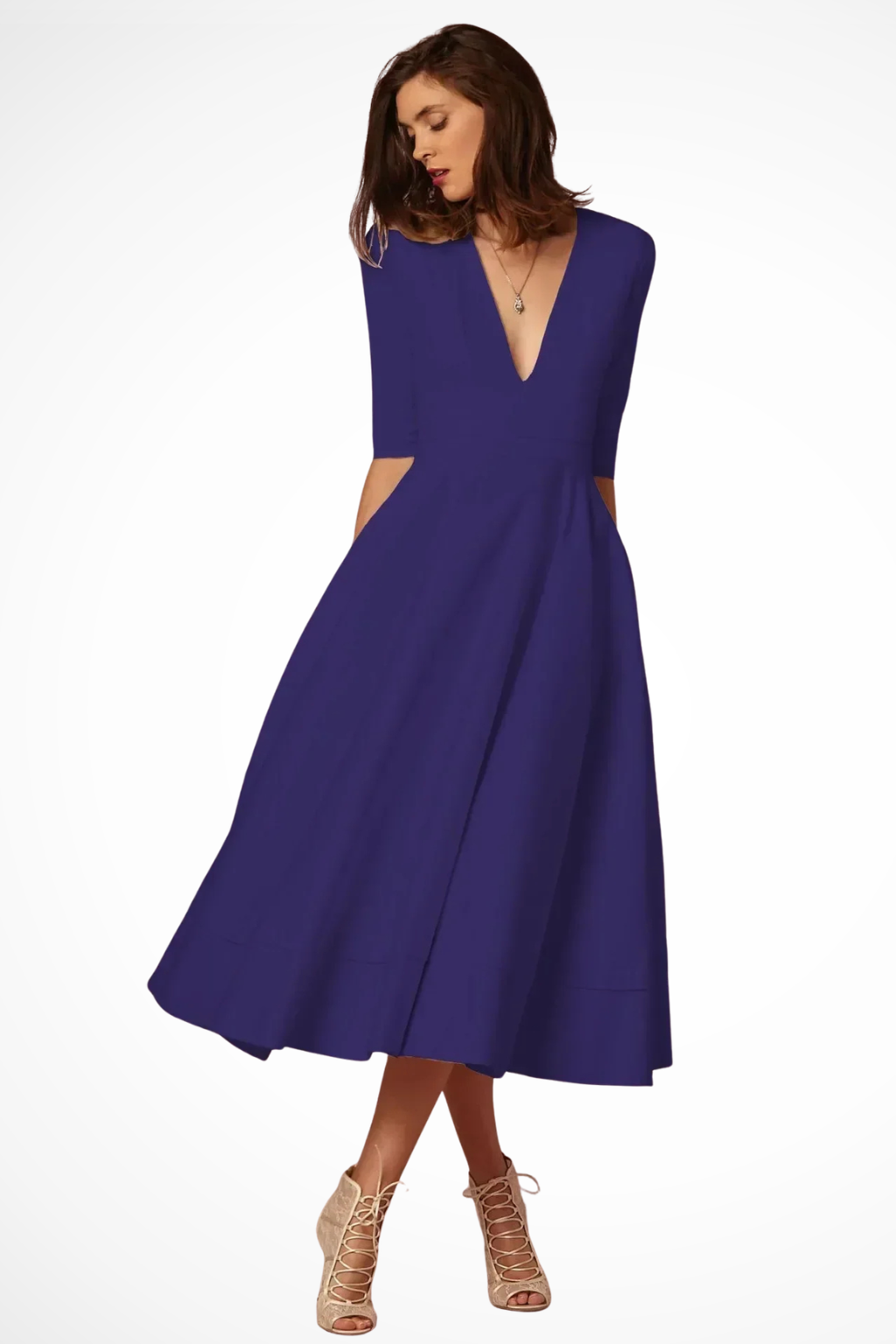 Roselle | Women Deep V Neck Half Sleeve Fitted Flared Midi Dress