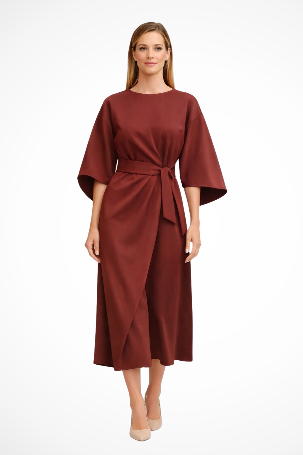 Valeria | Women’s Belted Lantern Sleeve Midi Dress