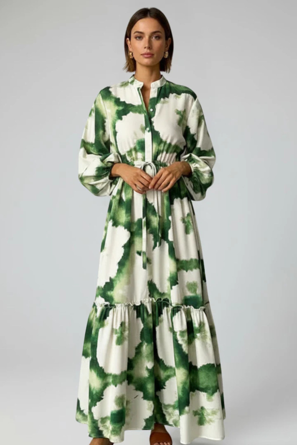 Thea | Women Long Sleeve V Neck Printed Tiered Maxi Dress