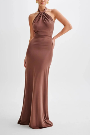 Celeste | Women Halter Neck Twisted Knot Open Back Bodycon Wedding Guest Maxi Dress