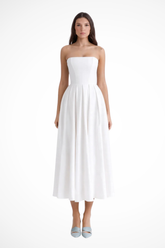 Everly | Women Strapless Corset Midi Dress with Flared Skirt