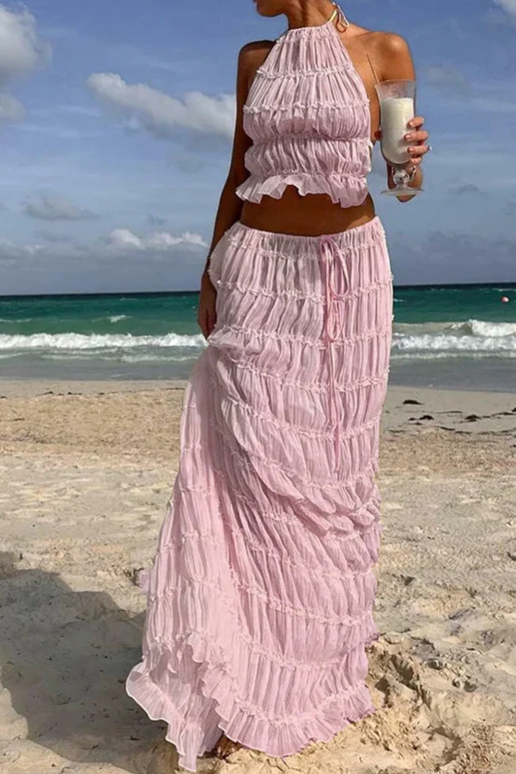 Cora | Women Ruched Halter Top and Maxi Skirt 2 Piece Set