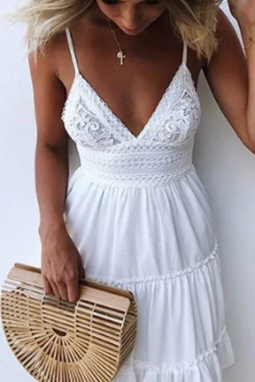 Freja | Women’s White Lace Summer Midi Dress with Spaghetti Straps & Open Back