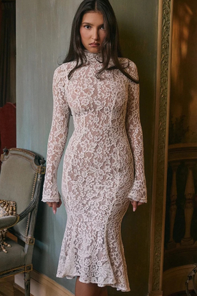 Briony | Women High Neck Lace Midi Wedding Guest Dress with Long Sleeves