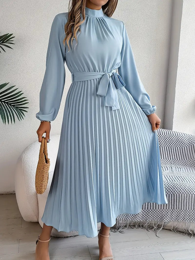 Harriet | Women’s Long Sleeve Pleated Midi Dress with Belt