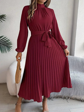 Harriet | Women’s Long Sleeve Pleated Midi Dress with Belt