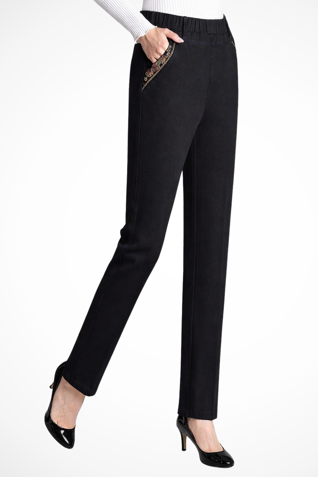 Millie | Women Elastic Waist Straight Leg Denim Trousers with Embroidered Detail