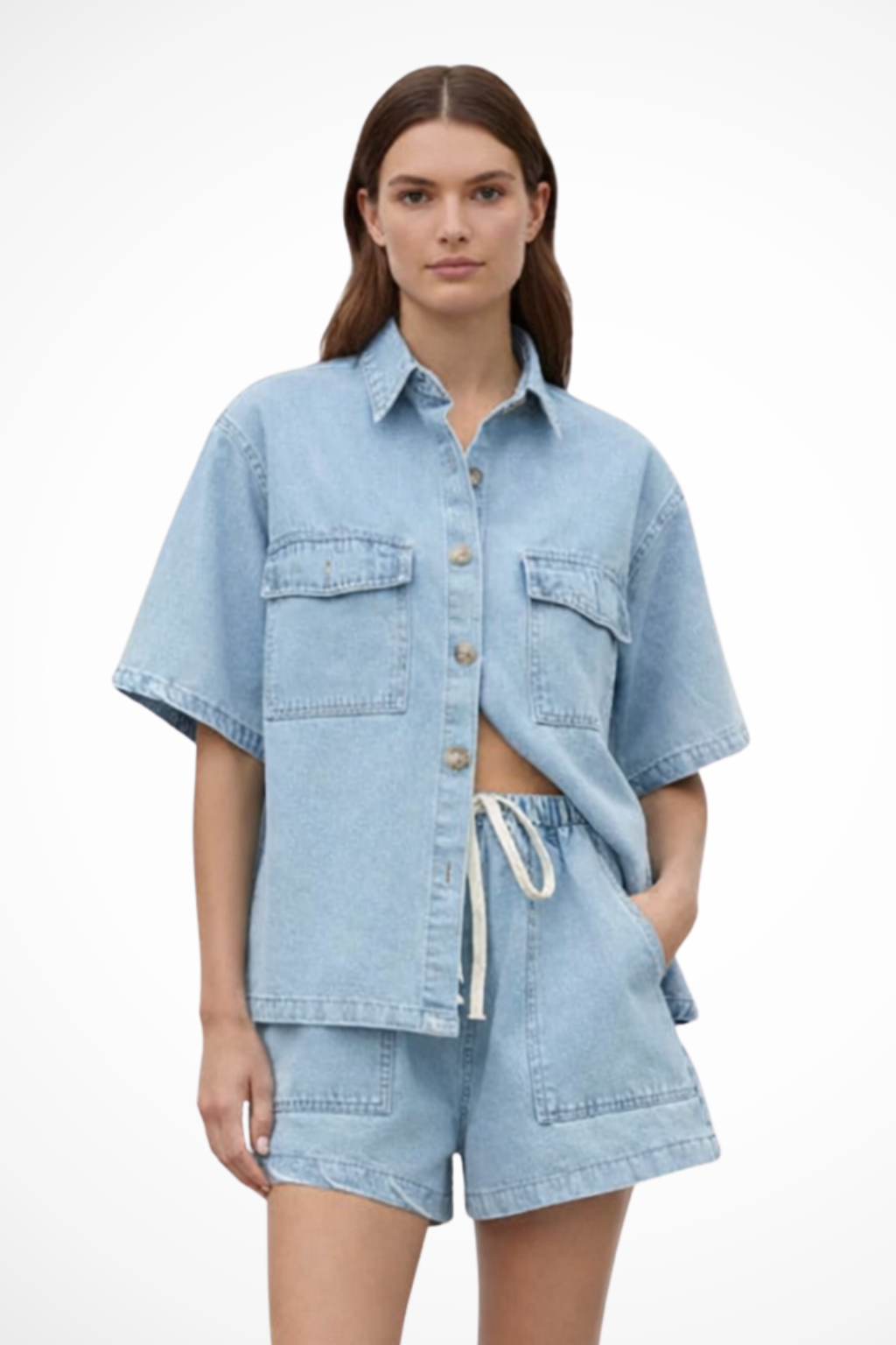 Sadie | Women Denim Button Down Shirt and Drawstring Shorts Set