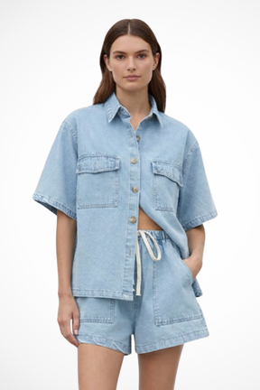 Sadie | Women Denim Button Down Shirt and Drawstring Shorts Set