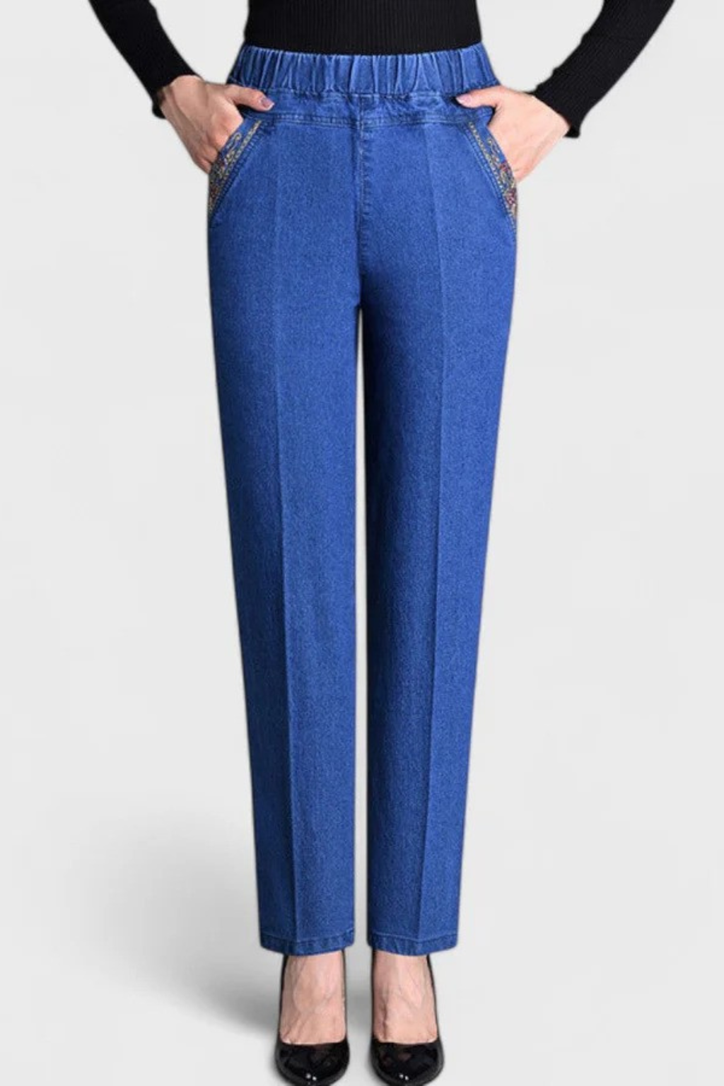 Millie | Women Elastic Waist Straight Leg Denim Trousers with Embroidered Detail
