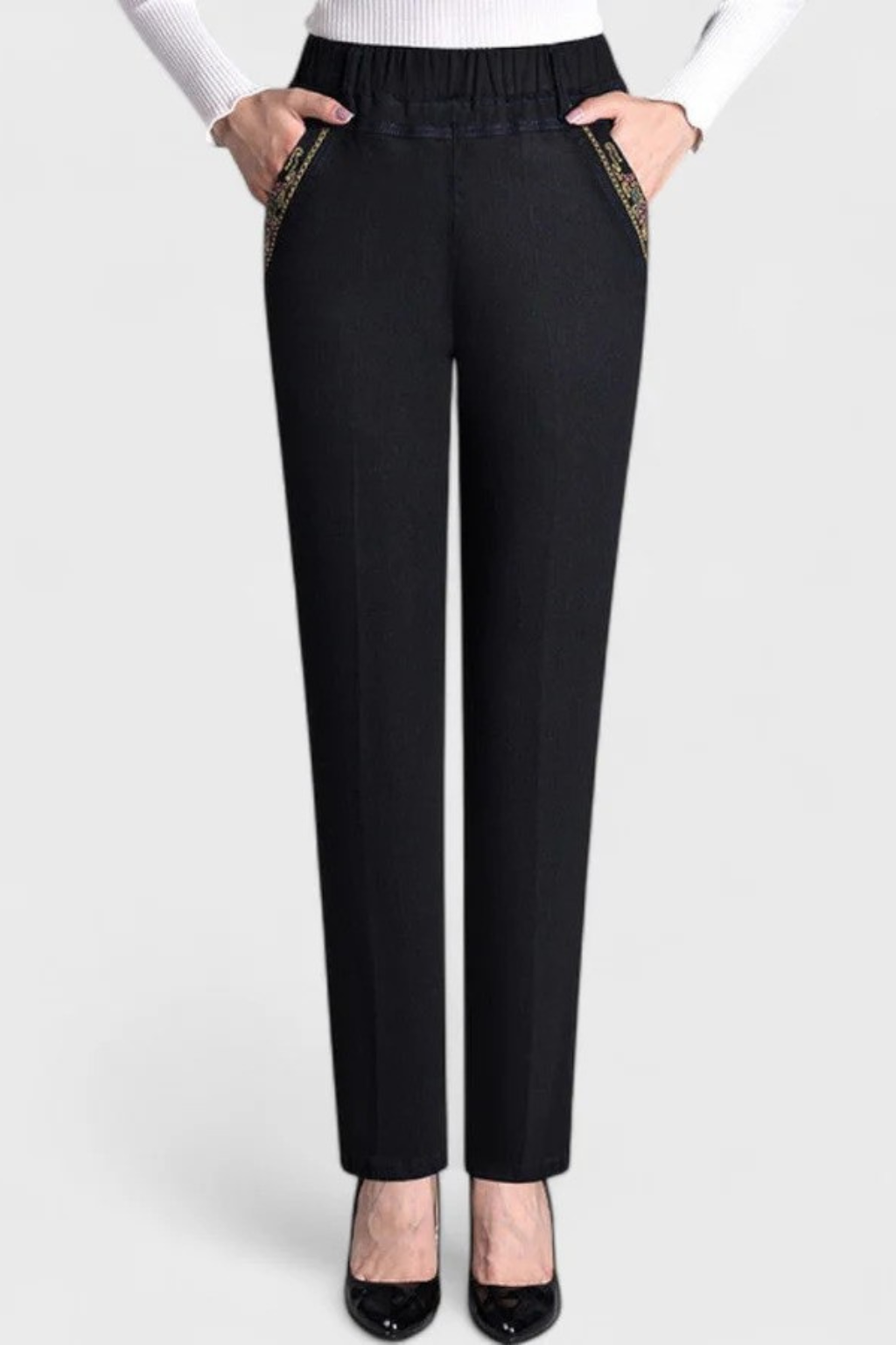 Millie | Women Elastic Waist Straight Leg Denim Trousers with Embroidered Detail