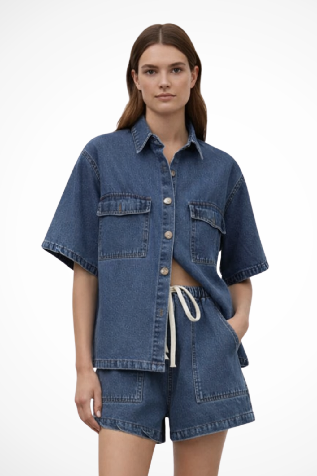 Sadie | Women Denim Button Down Shirt and Drawstring Shorts Set