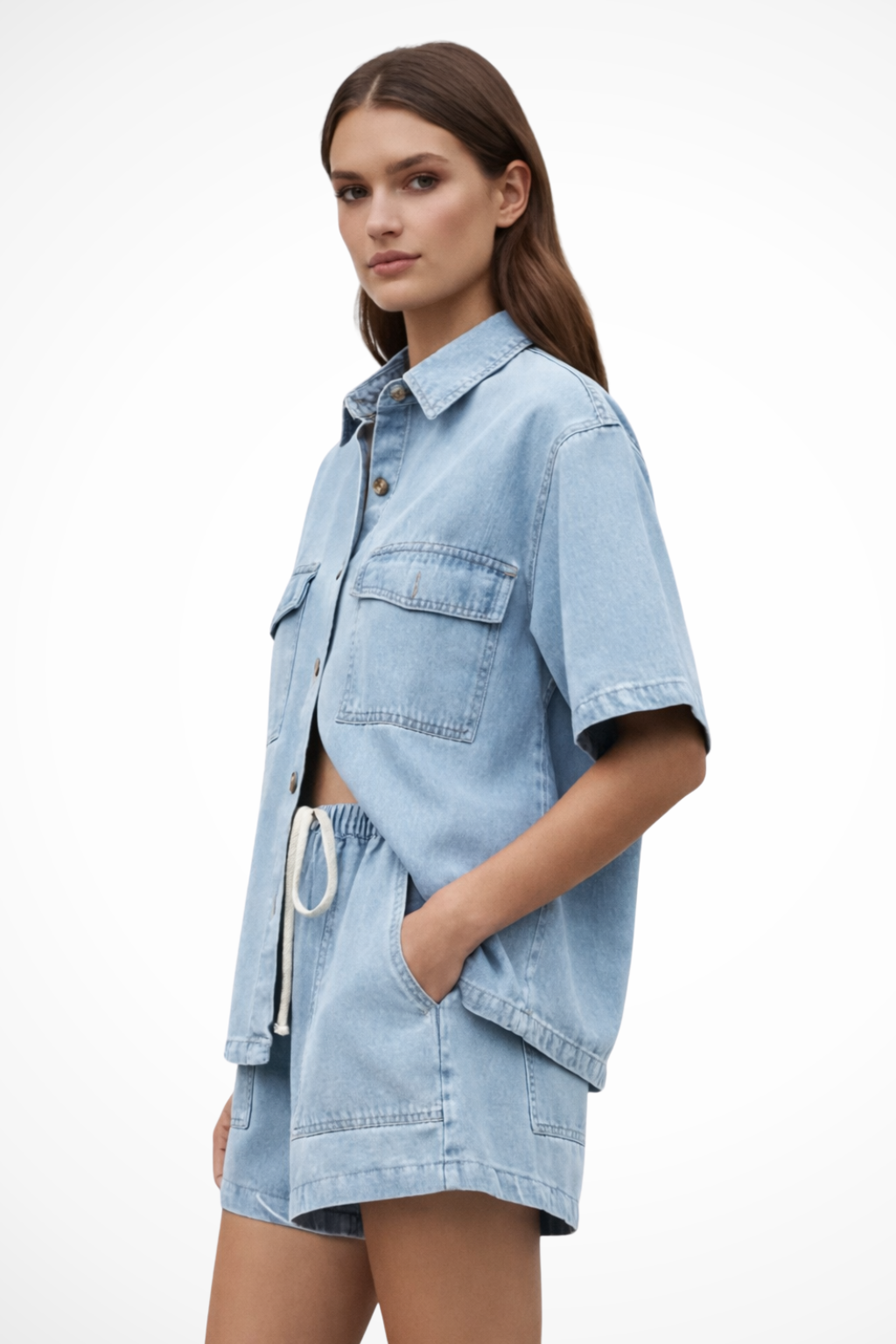 Sadie | Women Denim Button Down Shirt and Drawstring Shorts Set