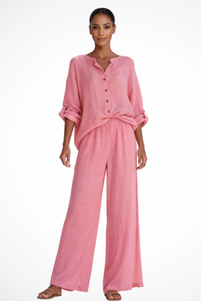 Clementine | Women Button Blouse and Wide Leg Trousers Suit Set