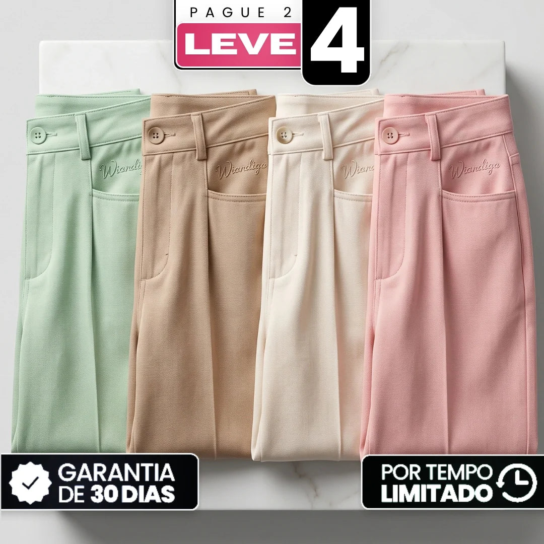 [Leve 4, Pague Só 2!] Calça Amara Feminina em Algodão, Viscose e Trama de Linho de Cintura Alta com Bolsos Frontais e Bordado Sutil