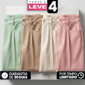 [Leve 4, Pague Só 2!] Calça Amara Feminina em Algodão, Viscose e Trama de Linho de Cintura Alta com Bolsos Frontais e Bordado Sutil