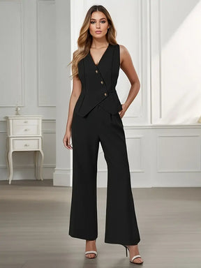 Rovena | Women Sleeveless Vest and Wide Leg Buttoned Trousers Set
