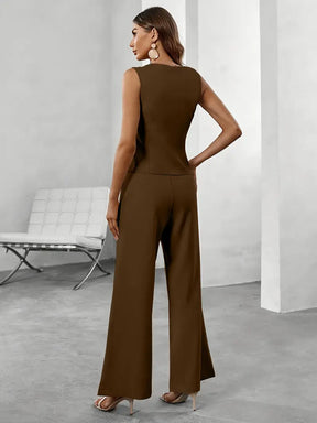 Rovena | Women Sleeveless Vest and Wide Leg Buttoned Trousers Set