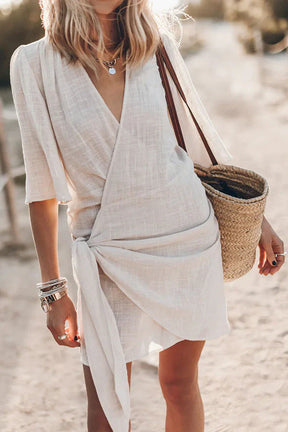 Lowri | Women Wrap Mini Dress with Tie Waist and Short Sleeves