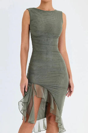 Aurevia | Women Ruched Sleeveless Midi Wedding Guest Dress