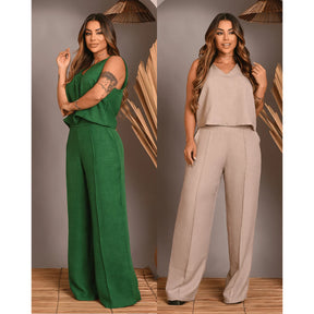 Kit 2 Conjunto Feminino Alfaiataria De Calça Pantalona E Blusa  Regata Social Básica Verão Soltinho