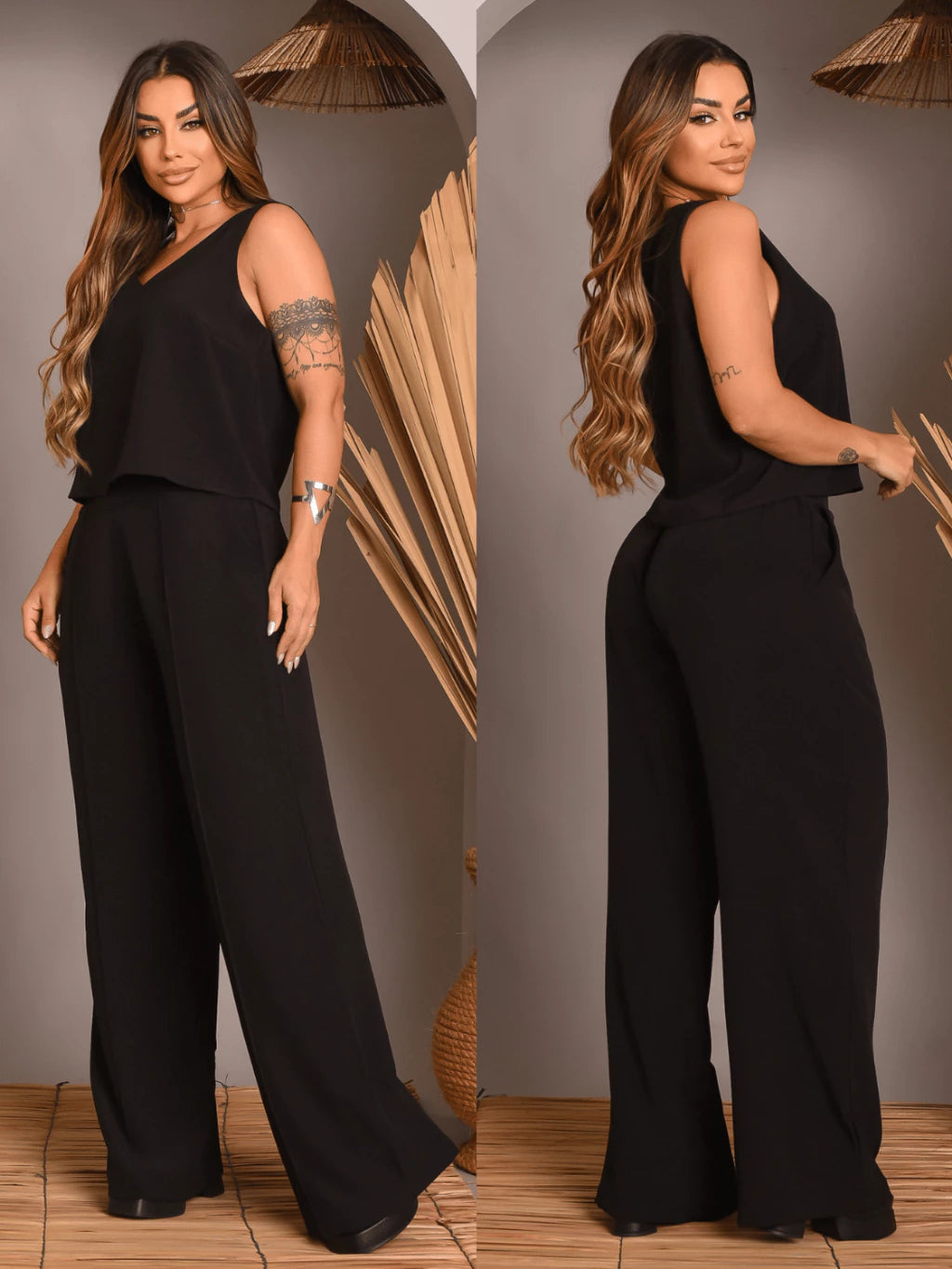 Kit 2 Conjunto Feminino Alfaiataria De Calça Pantalona E Blusa  Regata Social Básica Verão Soltinho