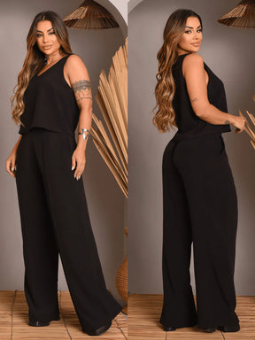 Kit 2 Conjunto Feminino Alfaiataria De Calça Pantalona E Blusa  Regata Social Básica Verão Soltinho