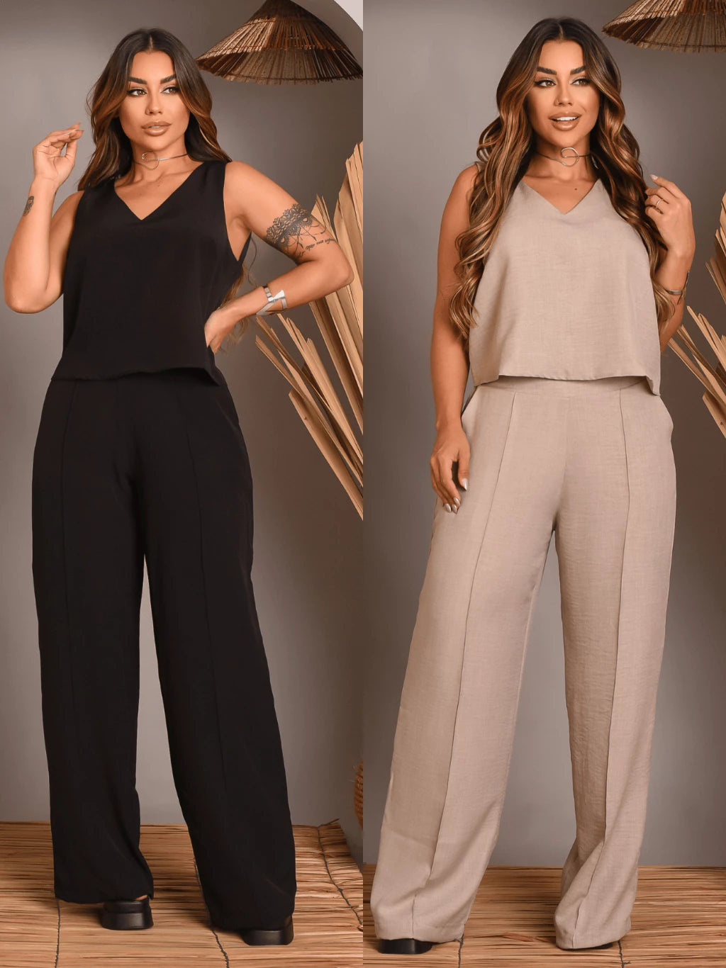 Kit 2 Conjunto Feminino Alfaiataria De Calça Pantalona E Blusa  Regata Social Básica Verão Soltinho