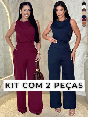 Kit 2 Conjunto Alfaiataria Feminino Calça Pantalona Blusa Regata Social Elegante