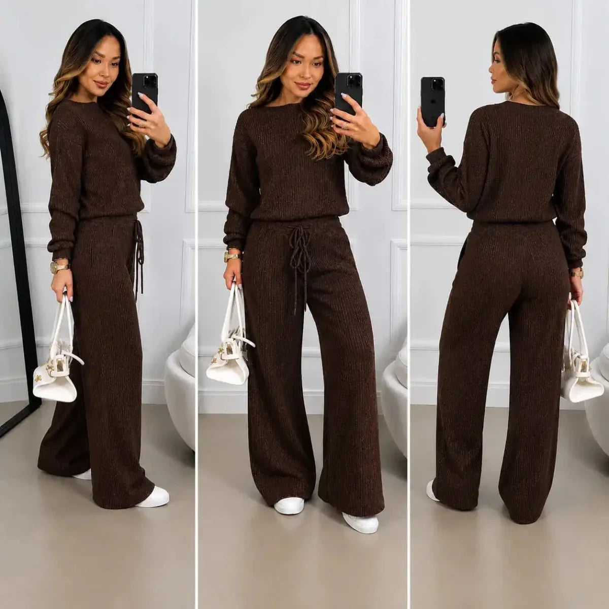 Kit 2 Conjuntos Feminino Canelado em Tricot (Blusa + Calça)